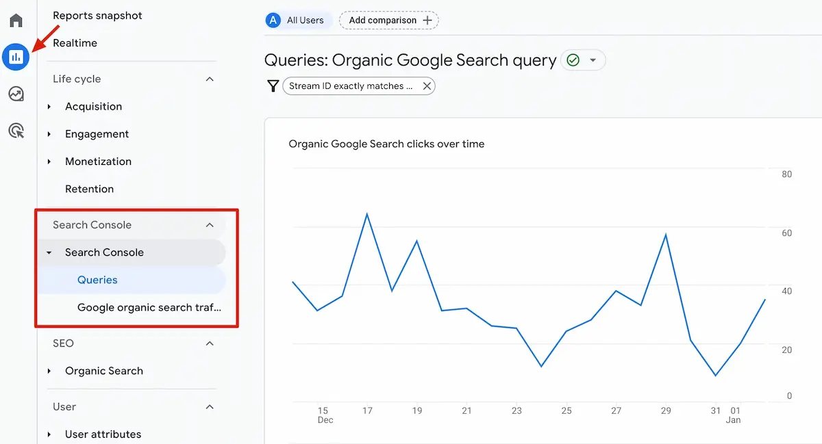 GA4 reports window where see GSC reports