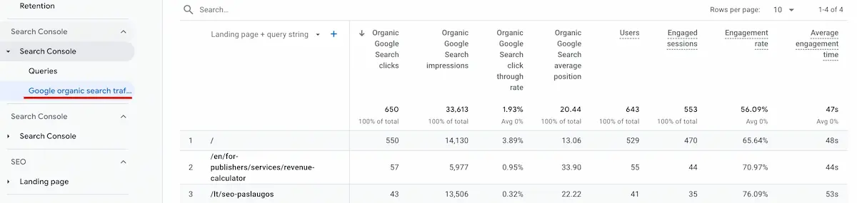 Search traffic report in GA4