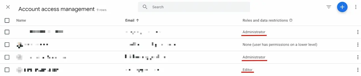 Google analytics 4 Account access management window