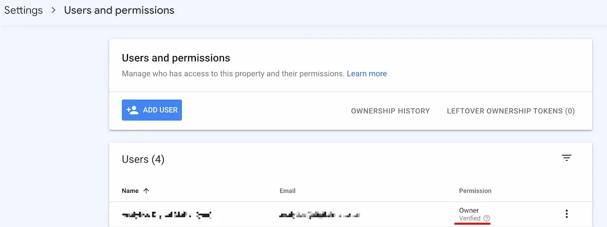 Google search console user and permissions window